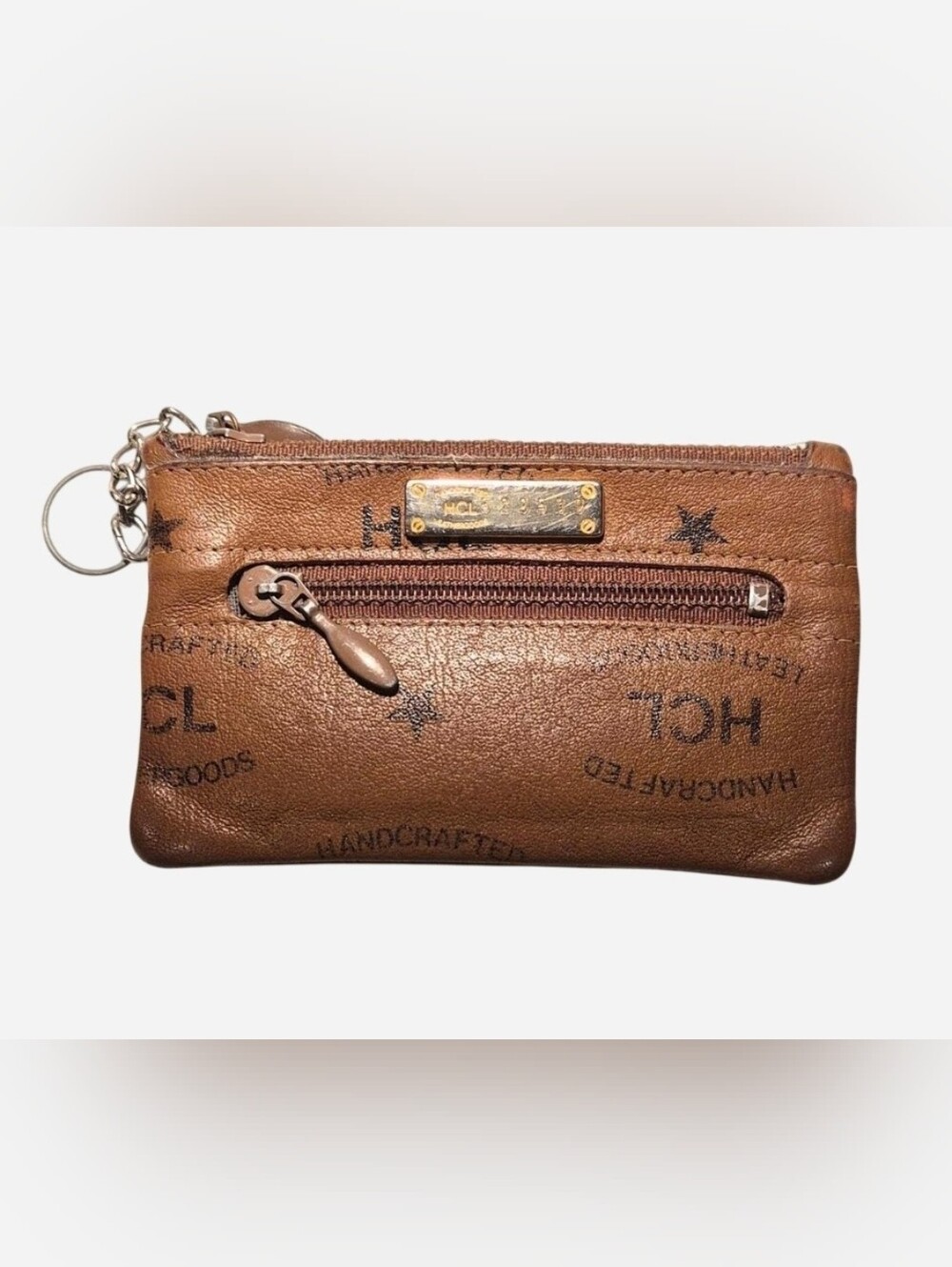 Vintage HCL Handcrafted‎ Leathergoods Monogram Coin Pouch Wallet Key Chain Y2K